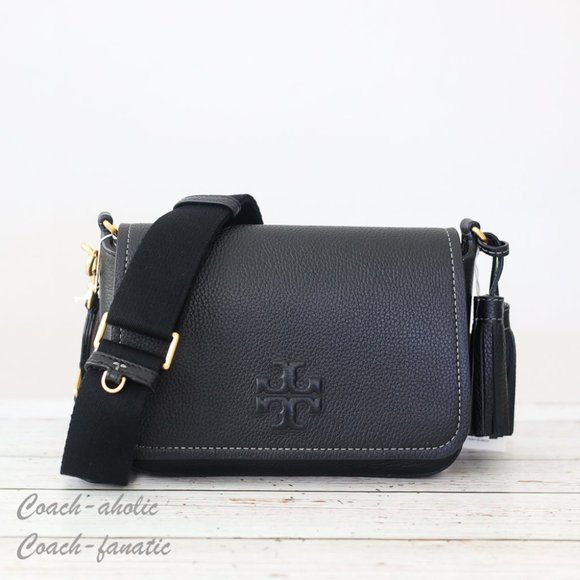 NWT Tory Burch Thea Web Flap Pebbled Leather Crossbody in Black - Picture 5 of 16